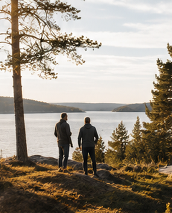 Två personer blickar ut över en sjö från en skogsklädd tomt