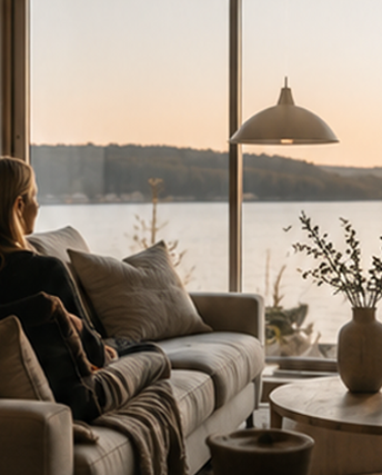 Person som sitter i en soffa framför ett stort fönster med sjöutsikt