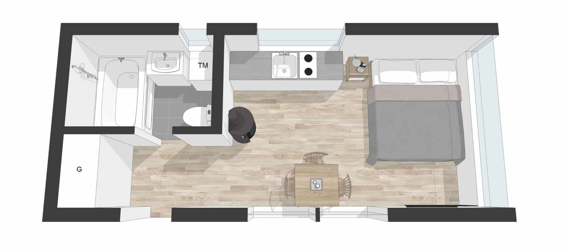 3D-vy Saltsjöhus 30 Modern öppen planlösning med kök och sovrum