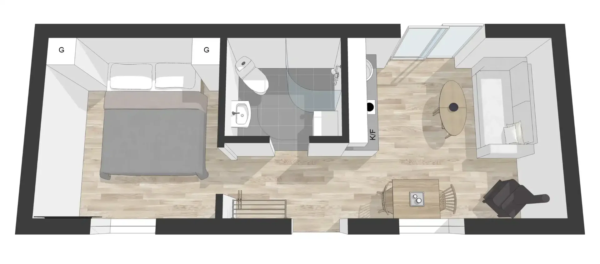 3D-vy Saltsjöhus 30 Modern planlösning med separat sovrum