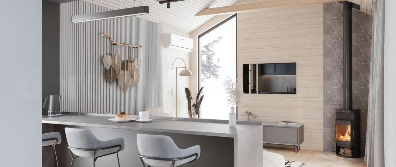 Saltsjöhus 54 kök med bardisk och kamin